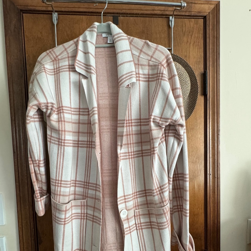 Plaid Long Sweater Jacket, Peach and Ivory, cuffed sleeves